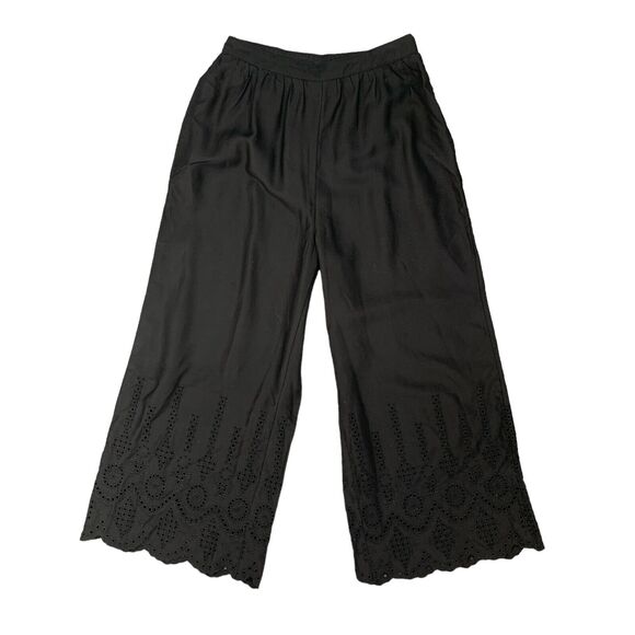 Anthropologie Pants Womens 2T Tall Black Wide Leg Eyelet Crop High Rise Side Zip - Picture 1 of 15